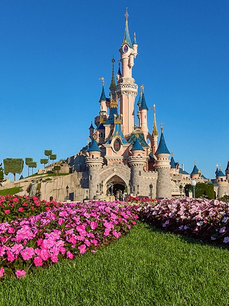 Disneyland Paris castle with vibrant flower garden, part of the Royal Combo tour.